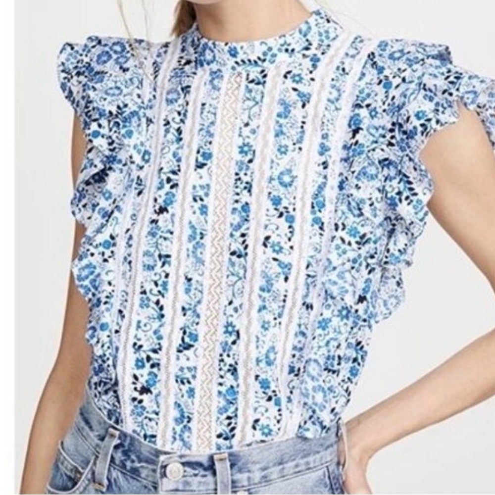 Veronica Beard Sol printed lace ruffle top in White multi Blue Floral